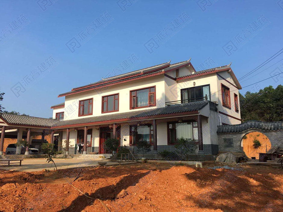 新农村二层中式三合院别墅设计图纸实景,带庭院和车库