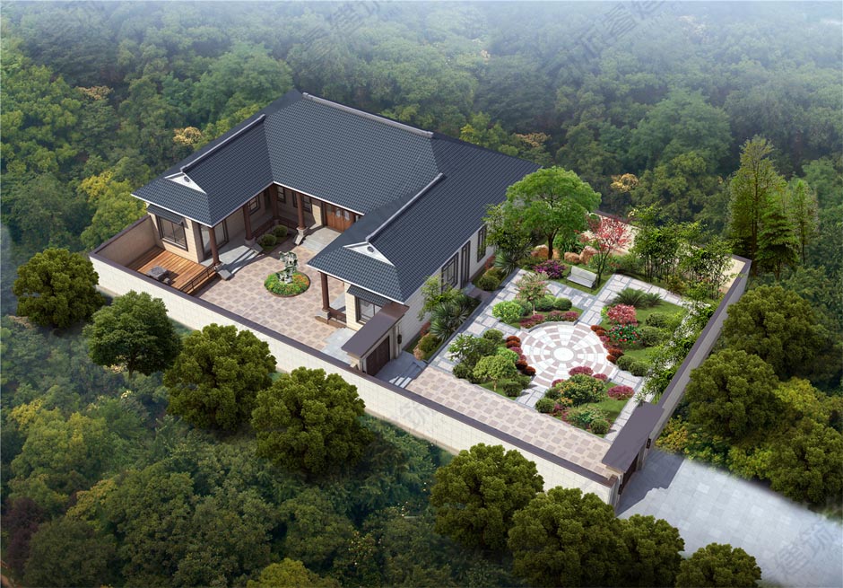 乡村自建中式三合院一层别墅设计效果图2.jpg