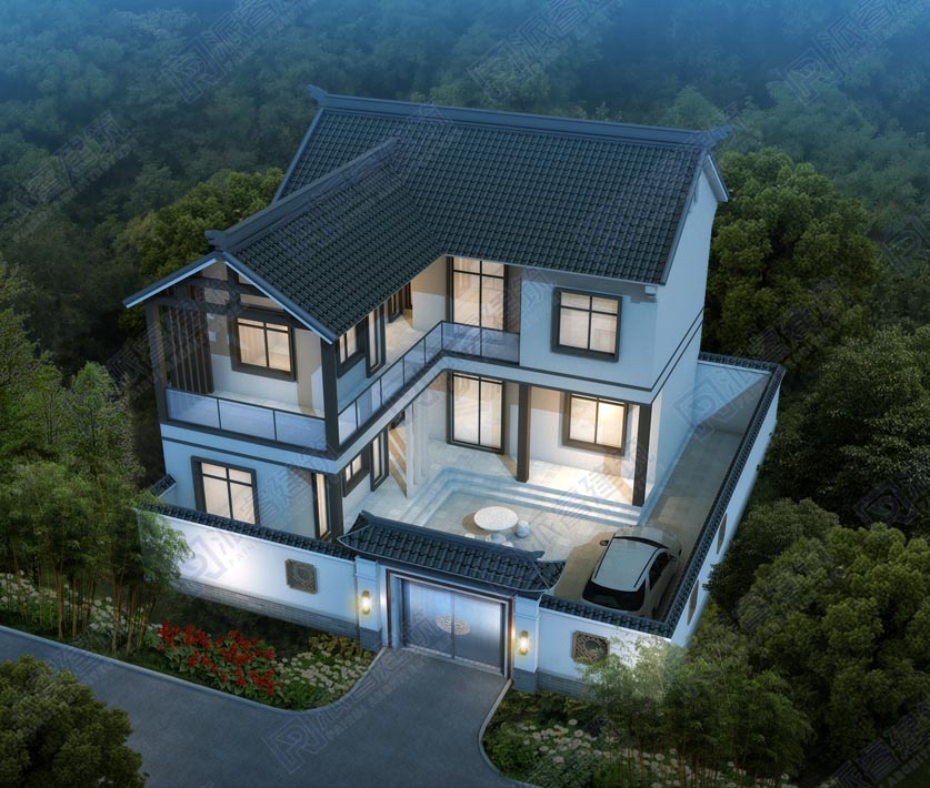 L型农村自建房屋设计图二层,l型中式房子设计图,有天有地有院,中国风别墅外观效果图-PR566