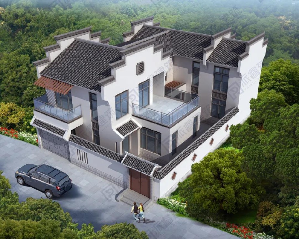 农村自建中式庭院别墅外观效果图,山水荟萃于一院—派睿建筑