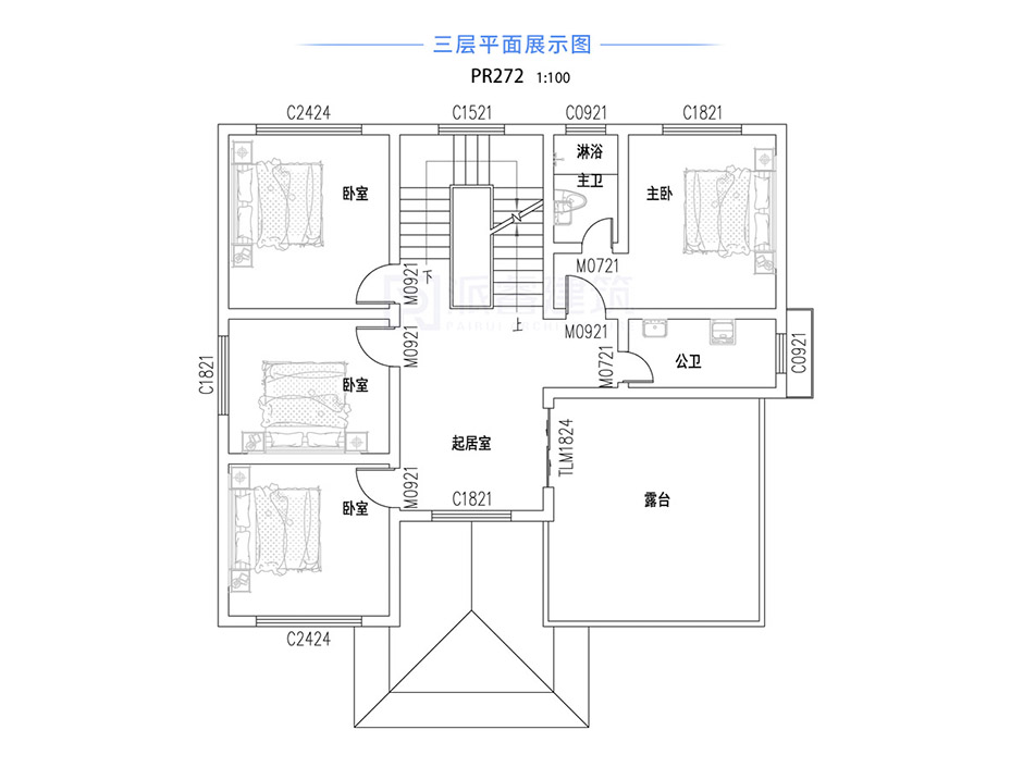 PR272 农村三层复式客厅带大露台别墅全套图纸_豪华别墅,新农村别墅,农村自建房设计,派睿建筑