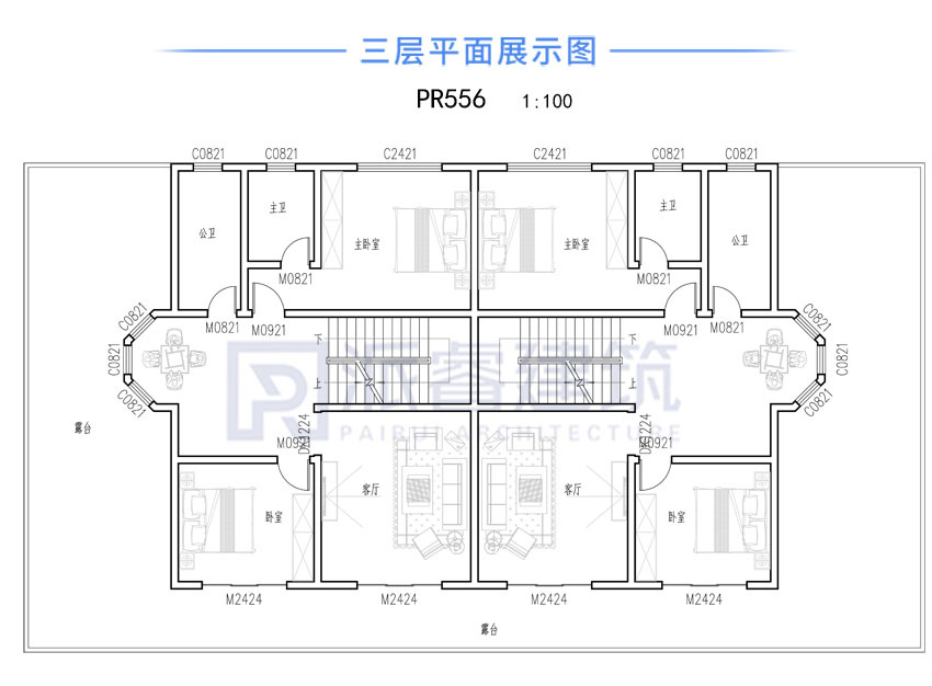 四层豪华双拼别墅外观设计效果图|带堂屋和落地窗,高档气派-PR556
