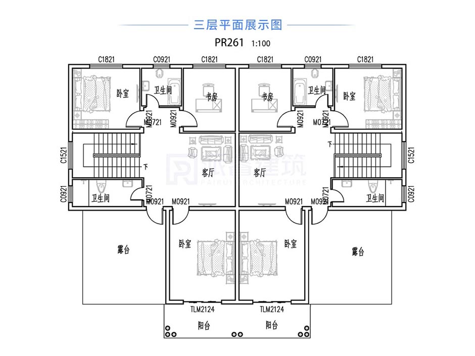 PR261 农村三层带露台兄弟双拼欧式别墅设计全套图纸大全，新农村别墅，派睿建筑
