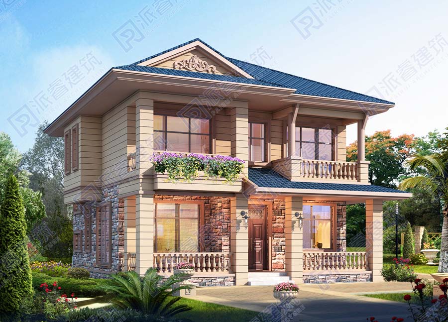 农村自建两层别墅设计图纸及外观效果图,二开间房屋前带走廊的户型-PR509