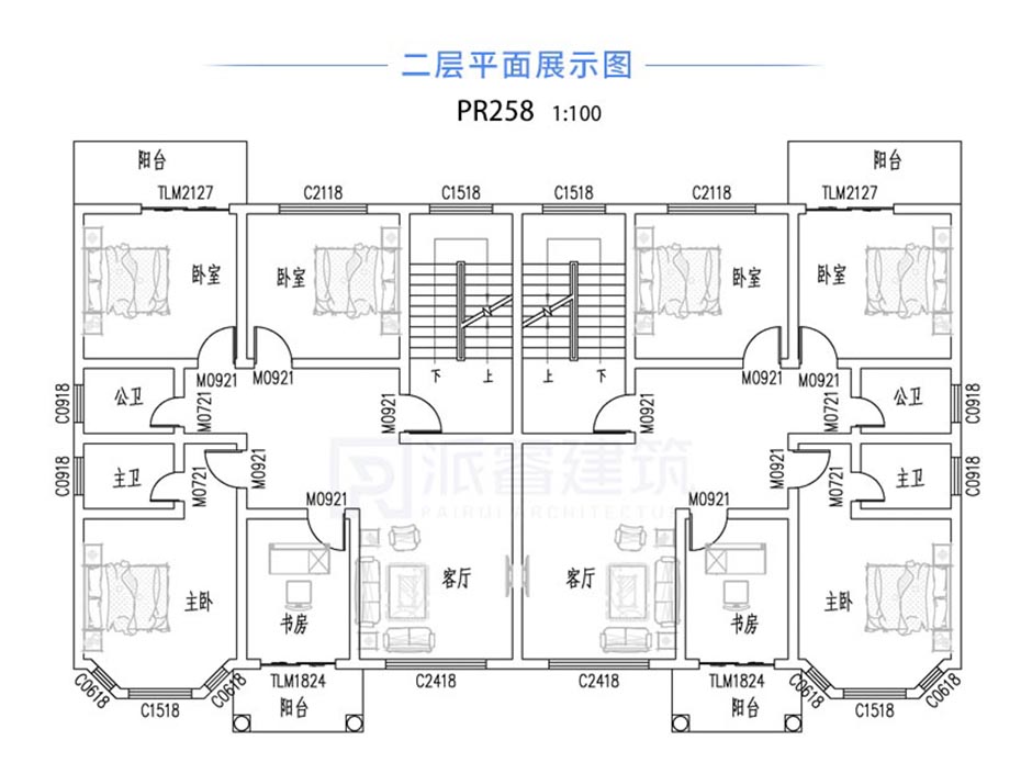 PR258 三层带露台兄弟双拼别墅设计全套图纸大全,派睿建筑
