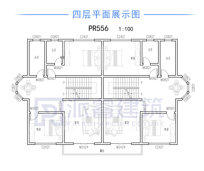 四层豪华双拼别墅外观设计效果图|带堂屋和落地窗,高档气派-PR556