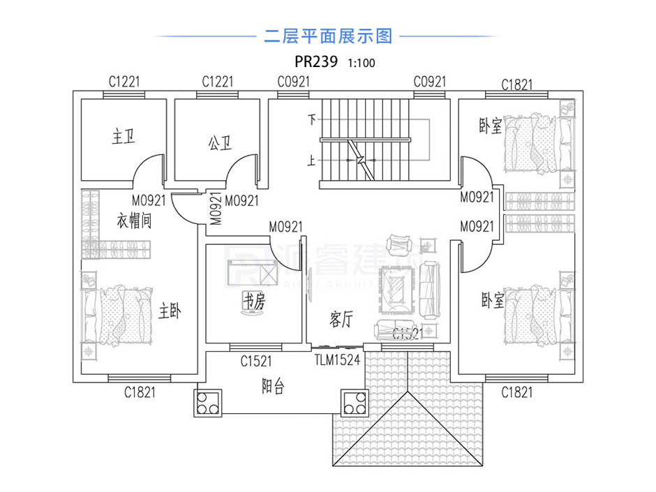 PR239-农村房屋设计图二层|自建房125平四开间平面设计图纸_斜坡红屋顶,外观时尚