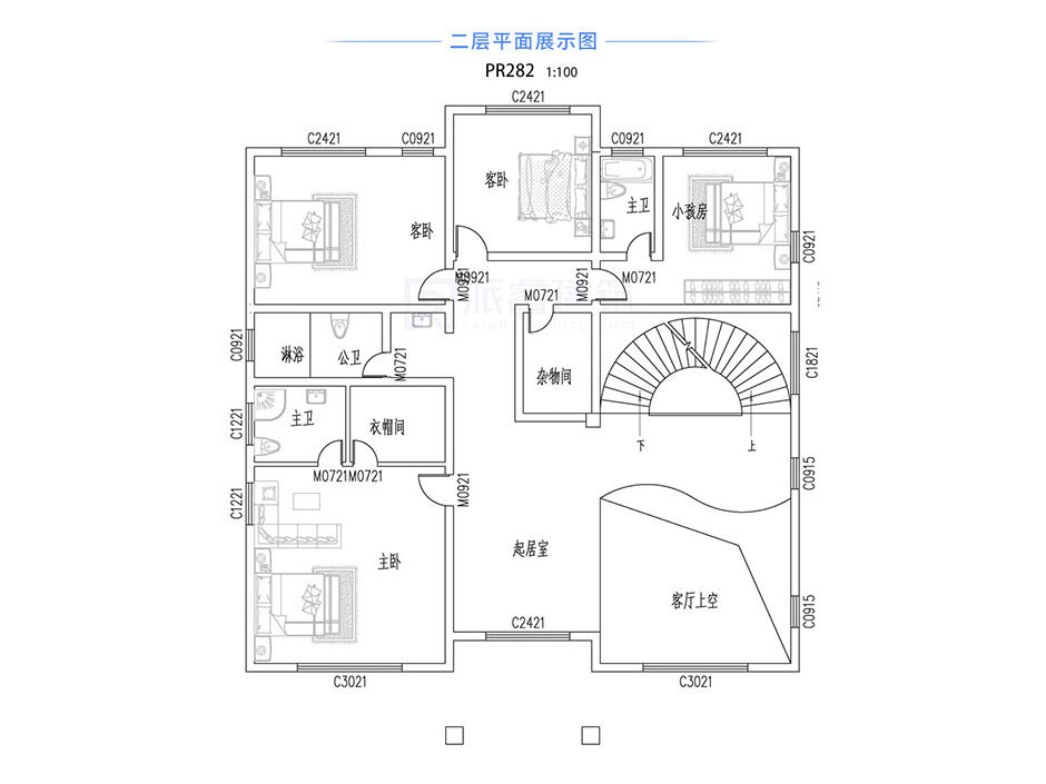 PR282 农村三层复式客厅带旋转楼梯带大露台别墅全套图纸_豪华别墅,新农村别墅,农村自建房设计,派睿建筑