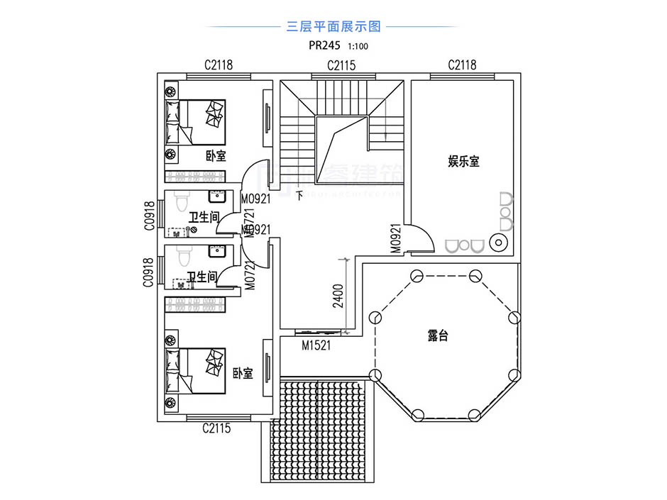 PR245 农村三层带旋转楼梯欧式别墅全套图纸_豪华别墅,新农村别墅,农村自建房设计,派睿建筑