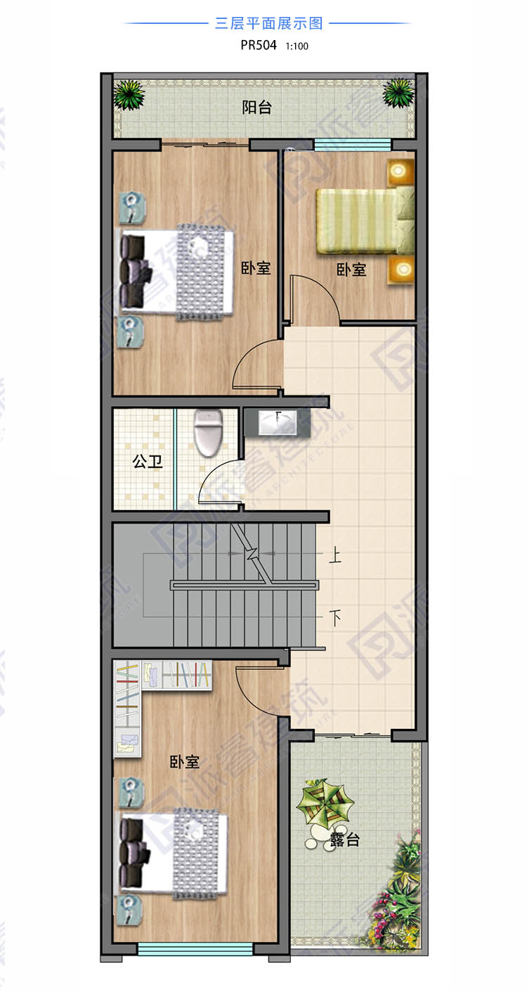 开间窄进深长的小面积农村自建房三层设计图纸6米x16米-PR504