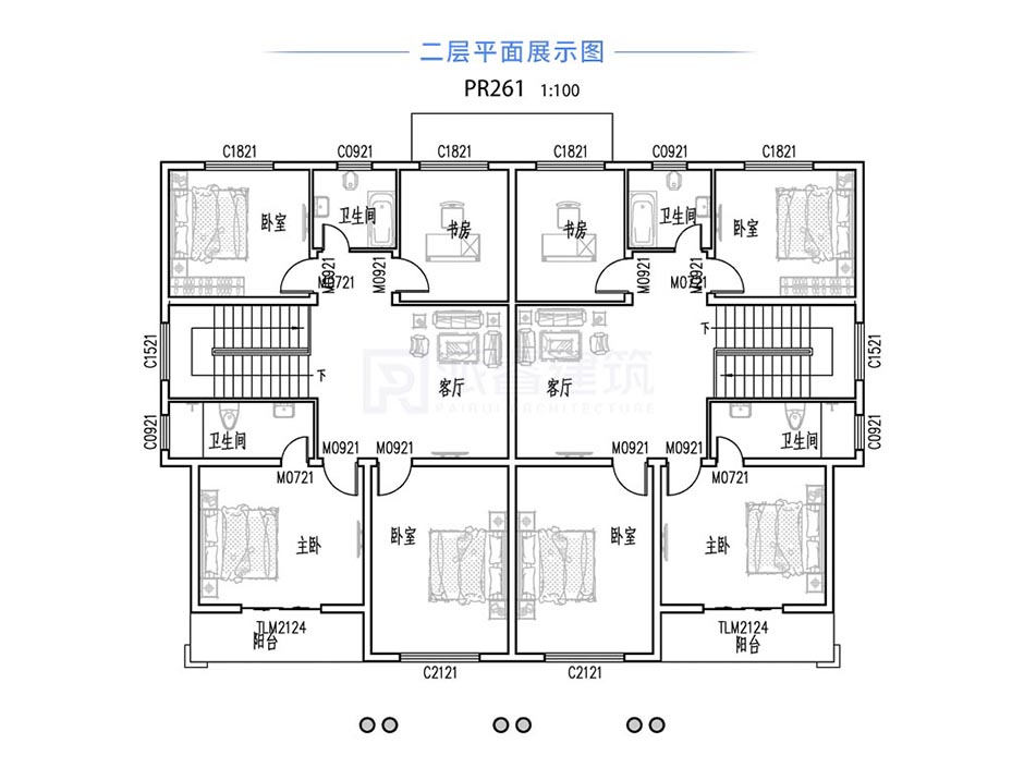 PR261 农村三层带露台兄弟双拼欧式别墅设计全套图纸大全，新农村别墅，派睿建筑