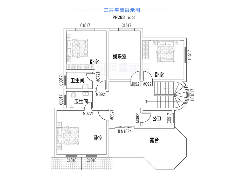 PR288 农村三层别墅复式客厅带旋转楼梯全套图纸_豪华别墅,新农村别墅,农村自建房设计,派睿建筑