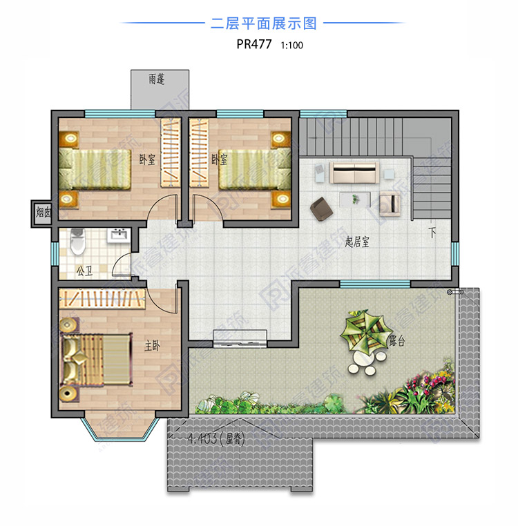 带飘窗的乡村自建别墅二层外观设计效果图,欧式小别墅右侧带露台-PR477