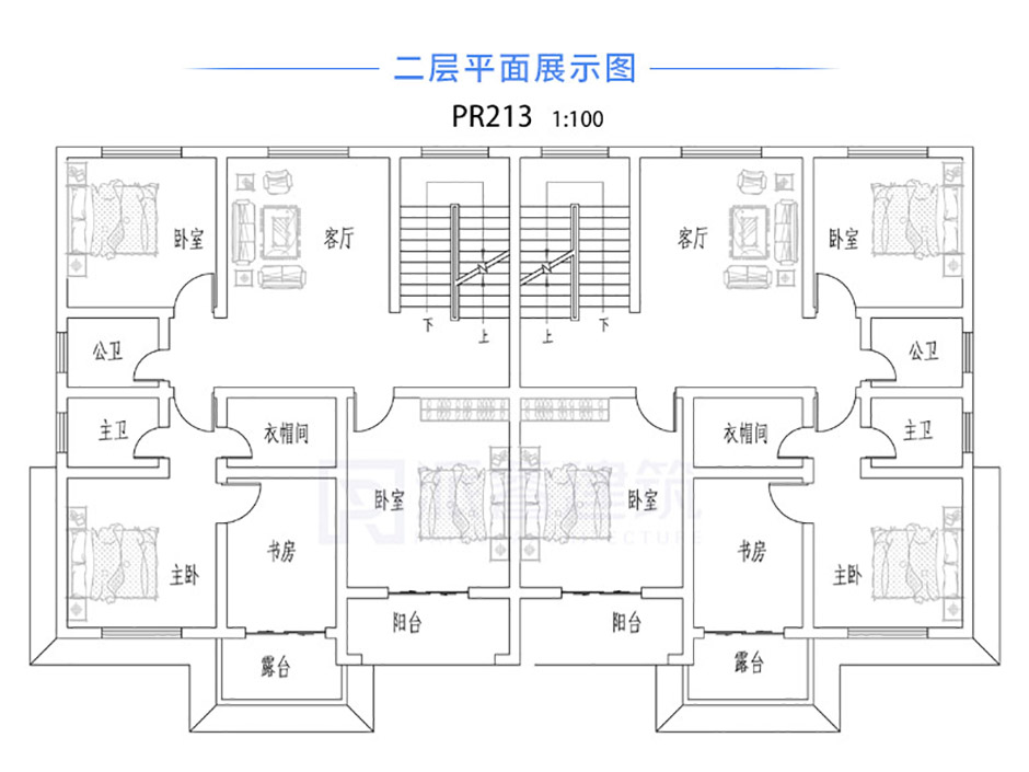 PR213 三层带大露台兄弟双拼别墅设计全套图纸大全,派睿建筑