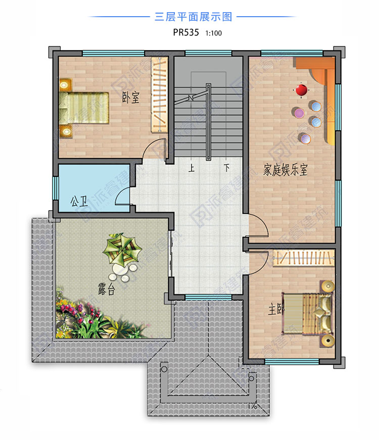 坐西朝东自建房设计图三层11米x13米,高档欧式别墅外观,复式挑空客厅带露台-PR535
