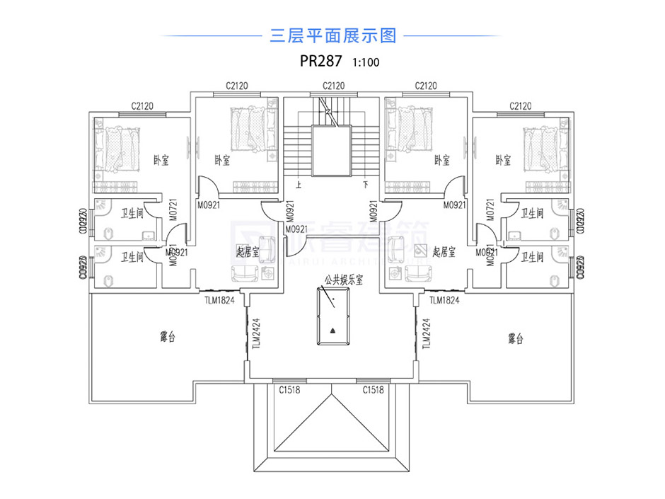 PR287 农村三层带露台兄弟双拼欧式别墅设计全套图纸大全，新农村别墅，派睿建筑