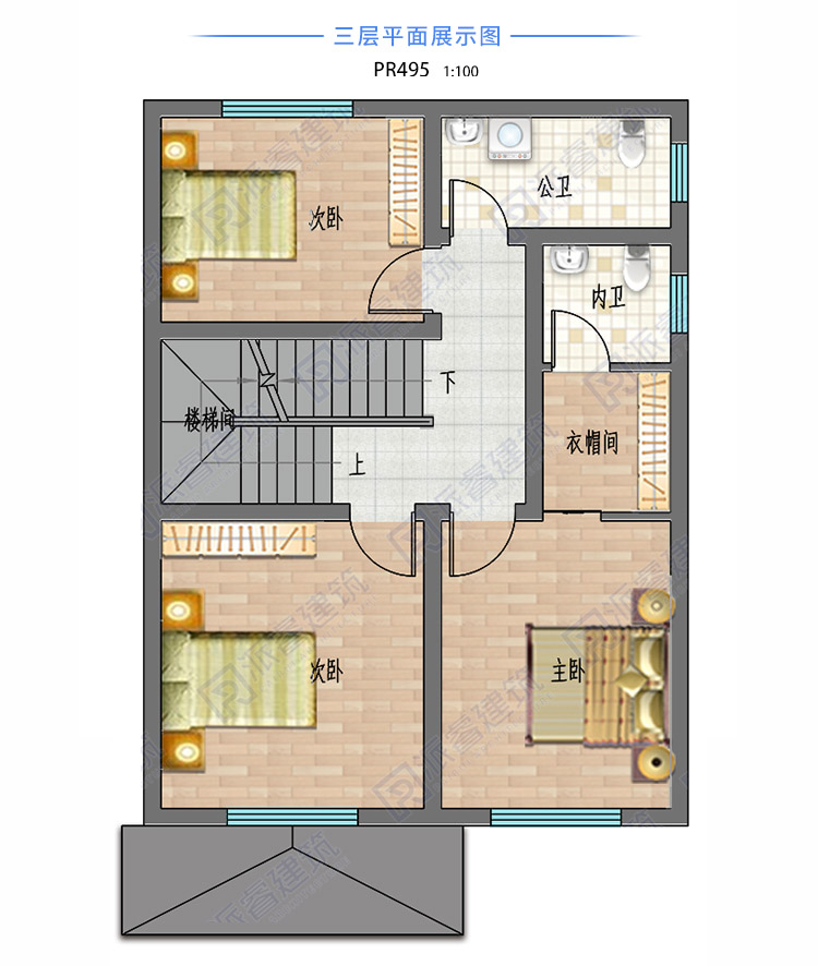 开间窄进深长的自建房屋设计图带堂屋和车库,占地80平三层小别墅-PR495