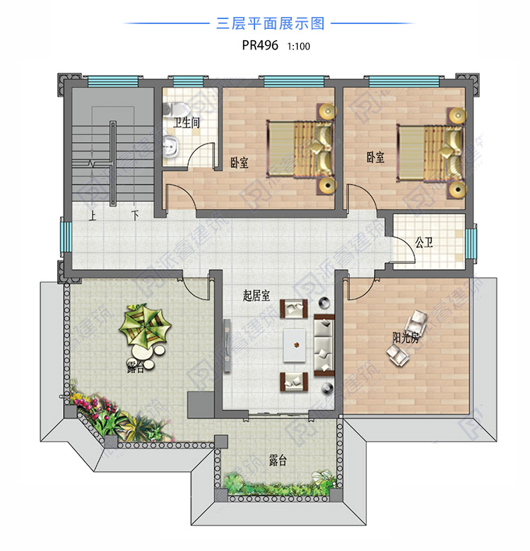 新农村自建复式别墅图纸设计图三层带大露台和阳光房,占地140平简欧造型-PR496