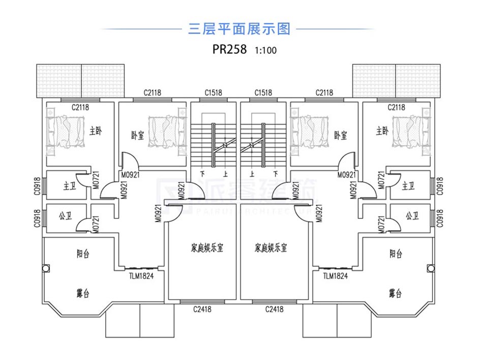 PR258 三层带露台兄弟双拼别墅设计全套图纸大全,派睿建筑