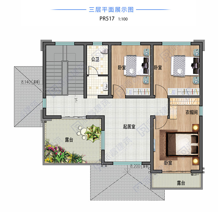 农村新中式自建房设计效果图三层带露台,外观素雅大方有气质-PR517