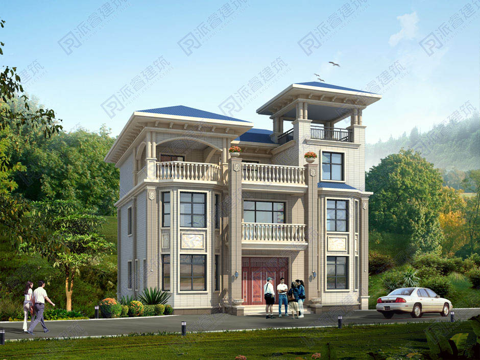 农村自建房三层半欧式别墅设计图纸带堂屋和3露台,邀好友赏田园景色-PR460