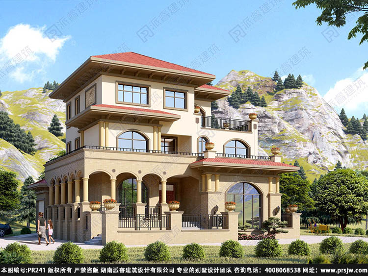 PR241-新款豪华360平三层别墅设计图纸及效果图大全_带车库,异域风情