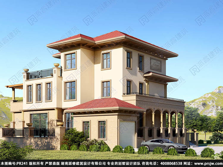 PR241-新款豪华360平三层别墅设计图纸及效果图大全_带车库,异域风情