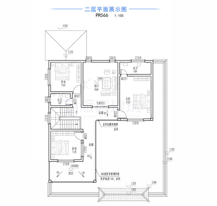 L型农村自建房屋设计图二层,l型中式房子设计图,有天有地有院,中国风别墅外观效果图-PR566