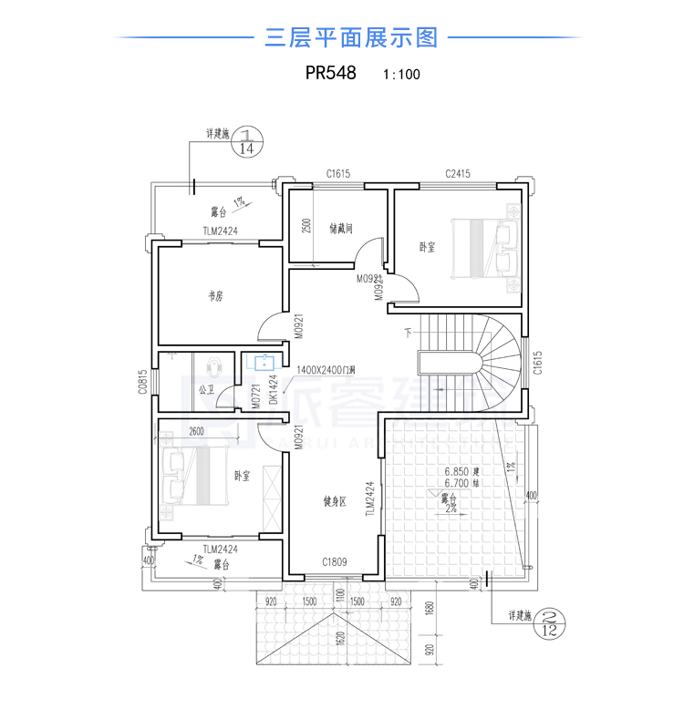 150平方农村新中式三层独栋别墅设计图纸,三开间复式住宅,古朴典雅-派睿建筑 PR548