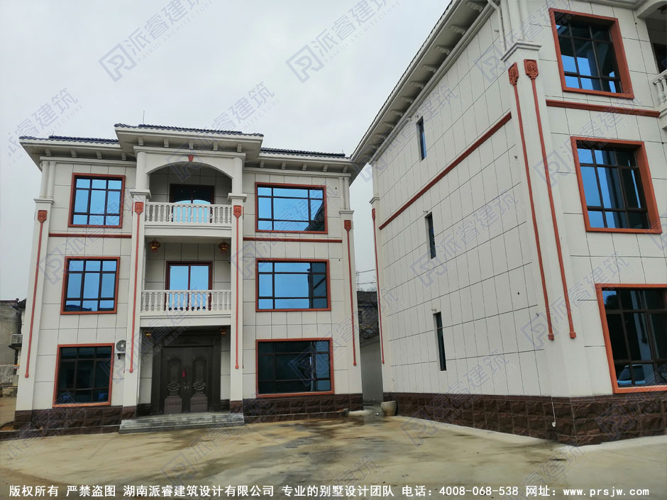 江西九江-三层双拼别墅设计效果图及户型图,占地125平共堂屋三开间