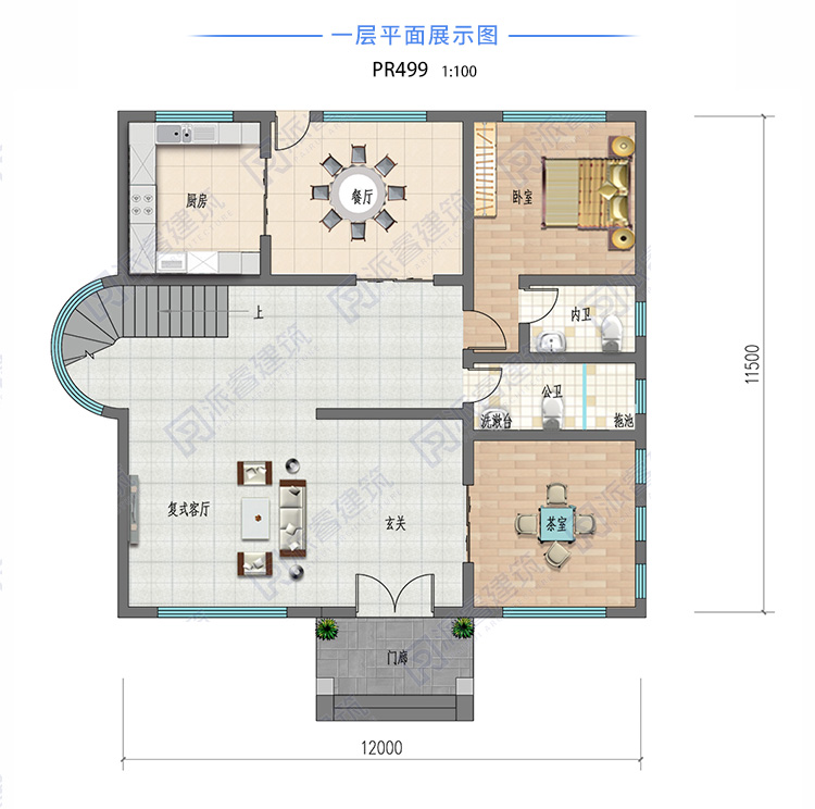 农村现代风格平顶别墅设计图及效果图,155平复式带屋顶花园,追求时尚自由-PR499