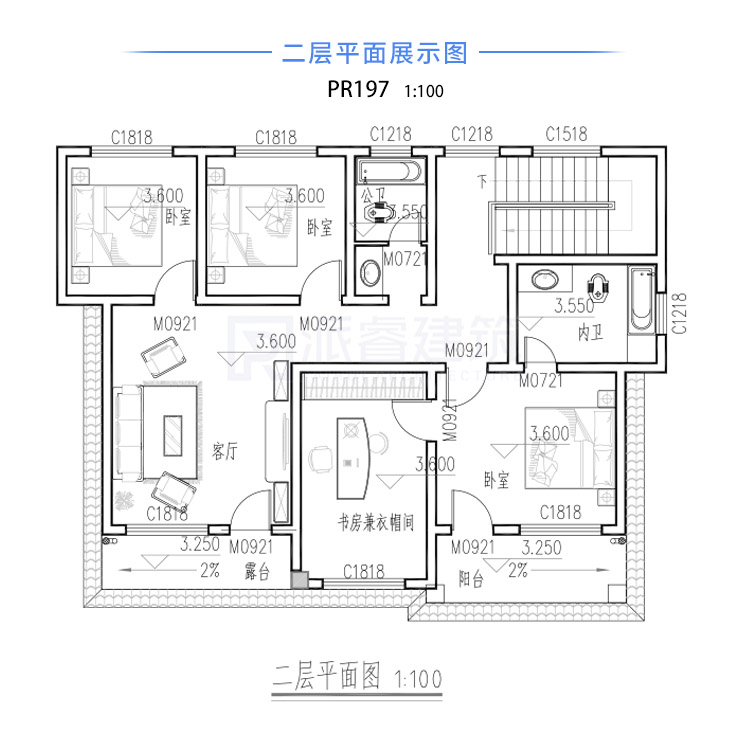 占地120平农村自建普通房屋设计图两层半,外墙复古灰砖效果图-PR197