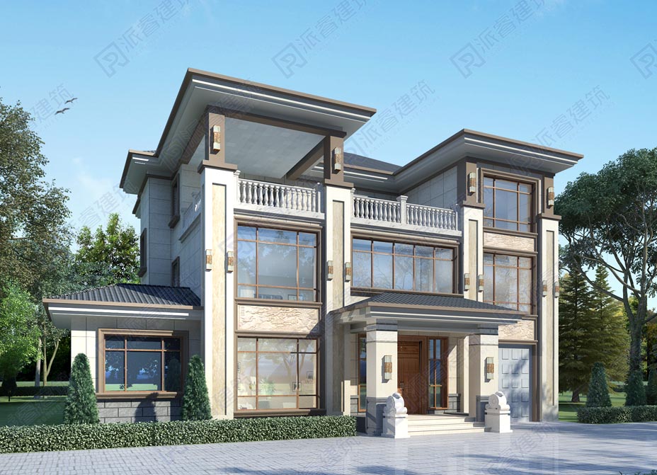 PR558-18米*15米农村自建房设计图三层带电梯和车库|新中式别墅,外观对称