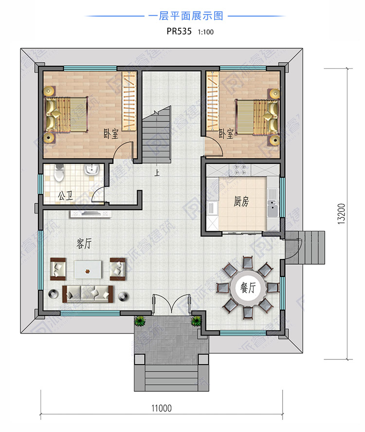 坐西朝东自建房设计图三层11米x13米,高档欧式别墅外观,复式挑空客厅带露台-PR535