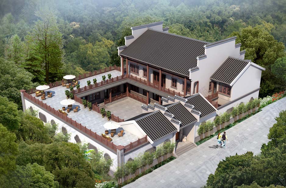 二层徽派建筑别墅设计图纸_中国农村四合院小别墅