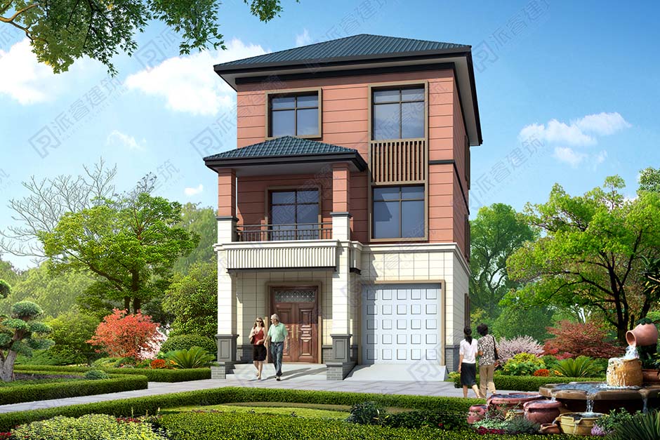 开间窄进深长的自建房屋设计图带堂屋和车库,占地80平三层小别墅-PR495