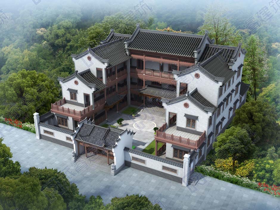 三层四合院新中式仿古建筑效果图