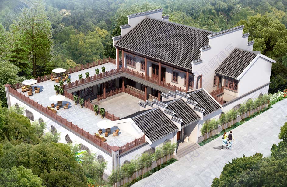 农村中式四合院别墅设计图片大全,徽派建筑设计图纸和效果图带空中庭院,四水归堂-PR547