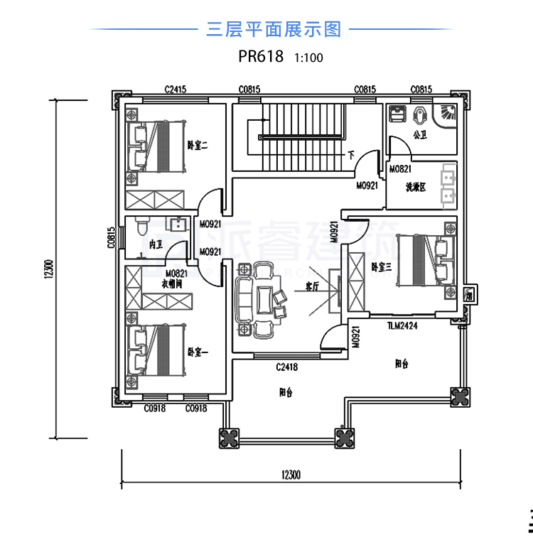 12×12米占地140平的三层简欧别墅，南北通透带露台，每个房间都舒适-PR618