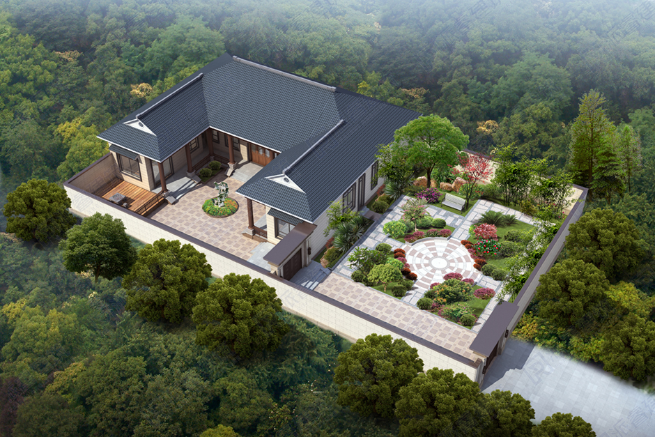 私家花园+雅致合院，21×17米中式一层小院，乡村养老房全套别墅图纸-PR600